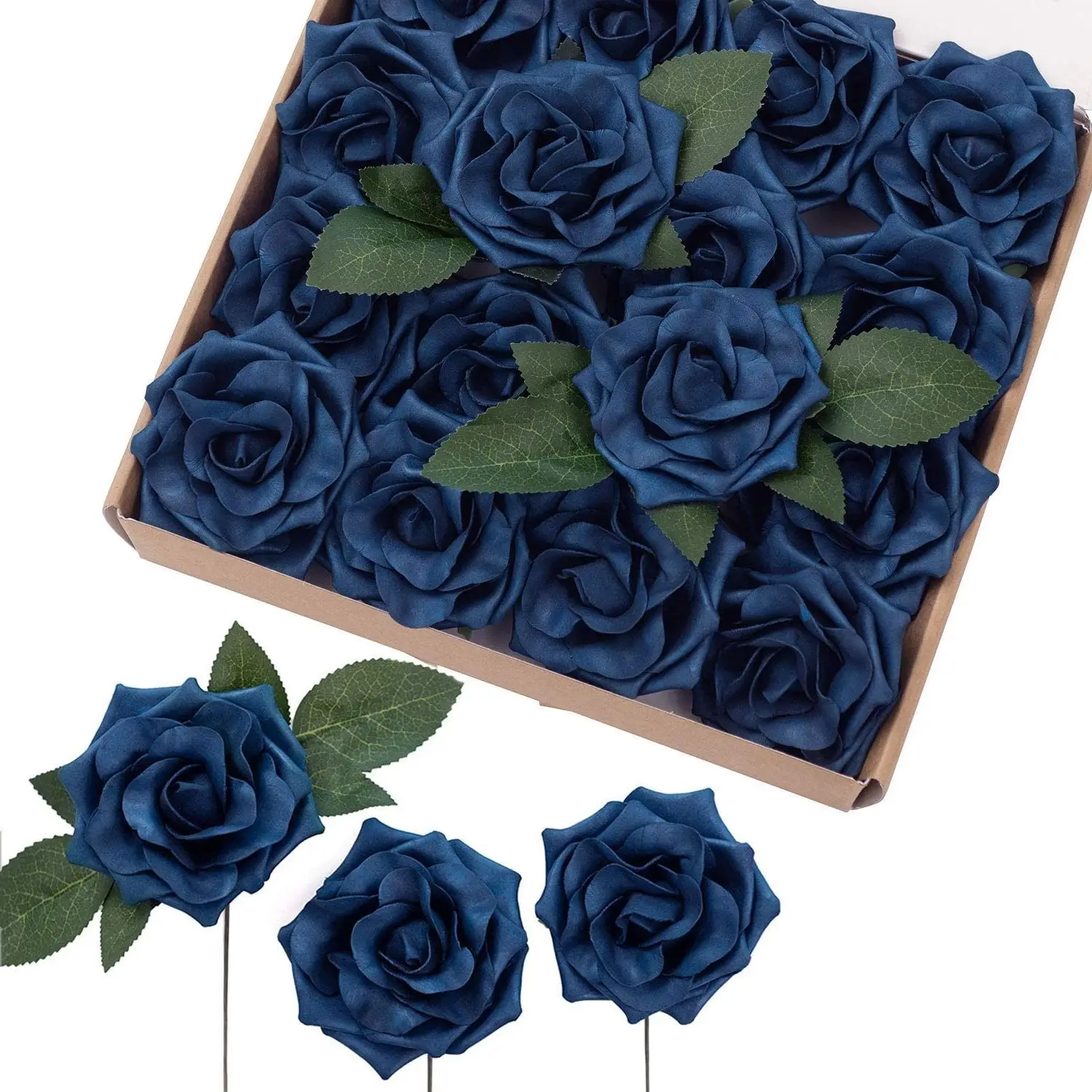 

Mefier Artificial Flowers Navy Blue Avalanche Rose 16/32pcs Fake Roses w/Stem for DIY Wedding Bouquets Centerpieces Decoration