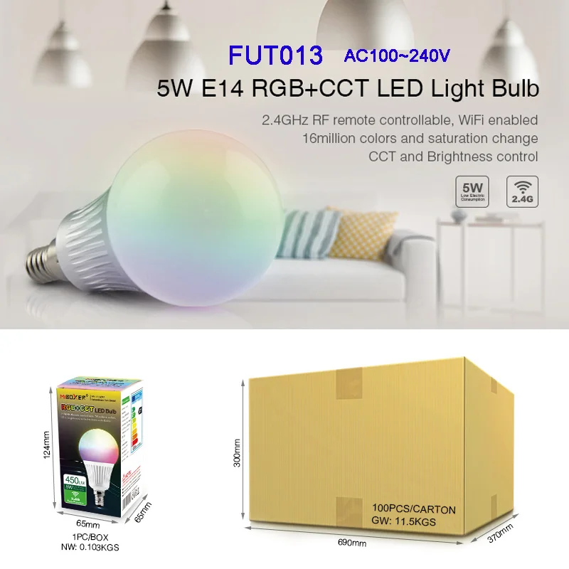 FUT013 Miboxer 5W LED Light Blub E14 RGB+CCT Lamp 2.4G WiFi wireless Remote Comtroller control AC100~240V