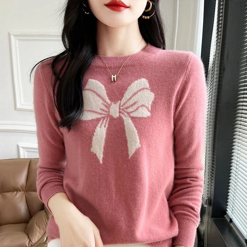 Новинка на раннюю осень свитер из чистой шерсти и кашемира с бантом Женский