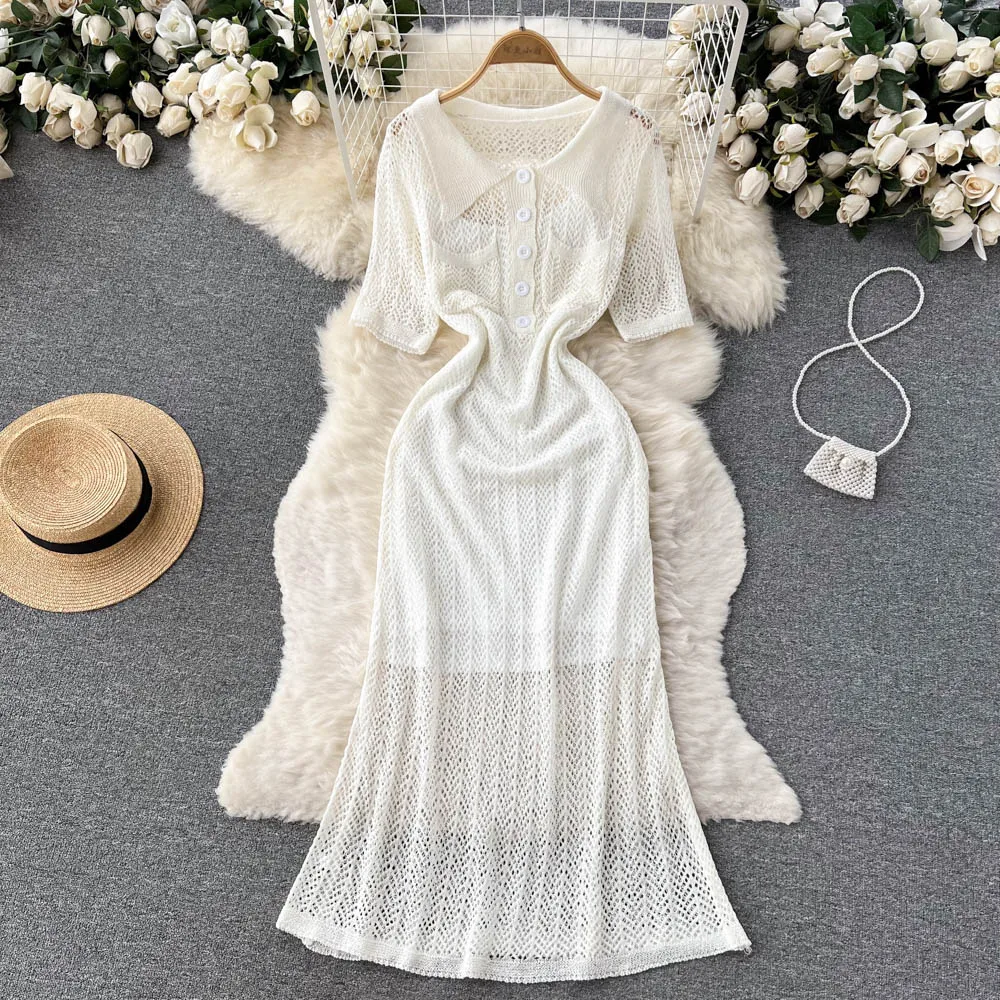 

Knit Chic Gentle Polo Collar Dress Women Sheath Dresses Long Vestidos Full Sleeve Female Bodycon Hollow Out Clothes Dropshipping