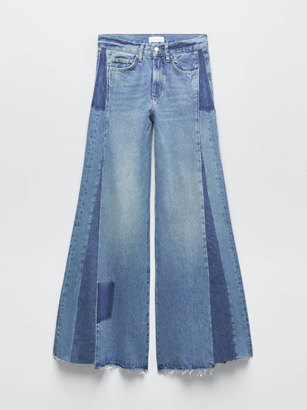 Patchwork Denim Big Flare Pants for Women Vintage Zipper Street Pocket Wide Leg Tassels Jeans Pants 2023 Spring Fashion Trousers
