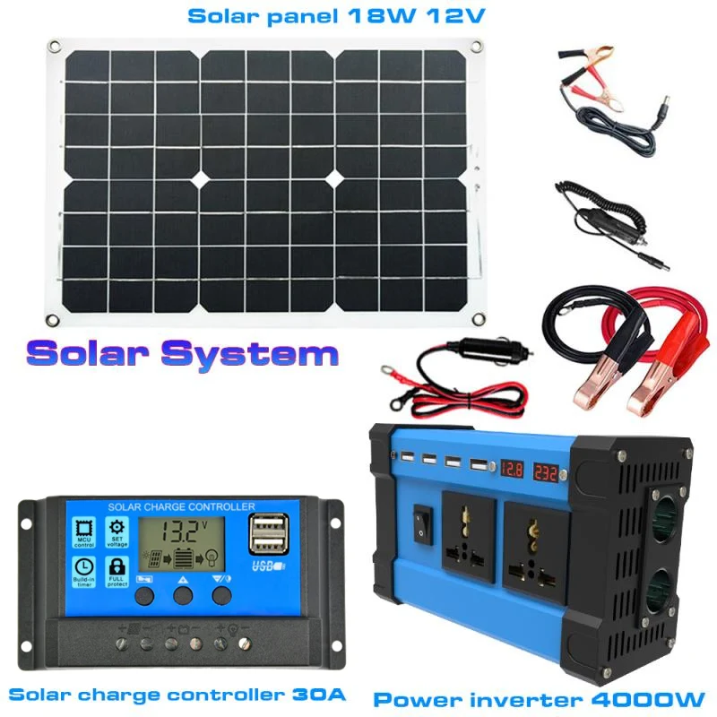 4000W Car Power Inverter Solar Panel System Kit Dual USB Voltage Transformer Modified Sine Wave 30A Controller 12V To 110V 220V