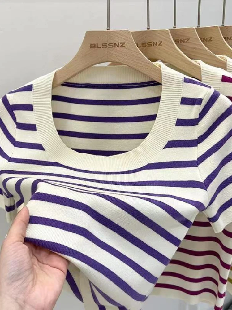AOSSVIAO Женская полосатая футболка из хлопка Slim Fit