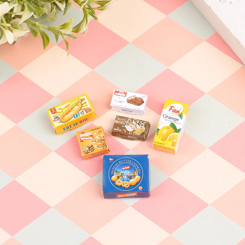 

6Pcs 1/12 Dollhouse Miniature Cookie Box Drink Box Mini Kitchen Food Scene Model For Doll House Decor Pretend Play Toys Gift