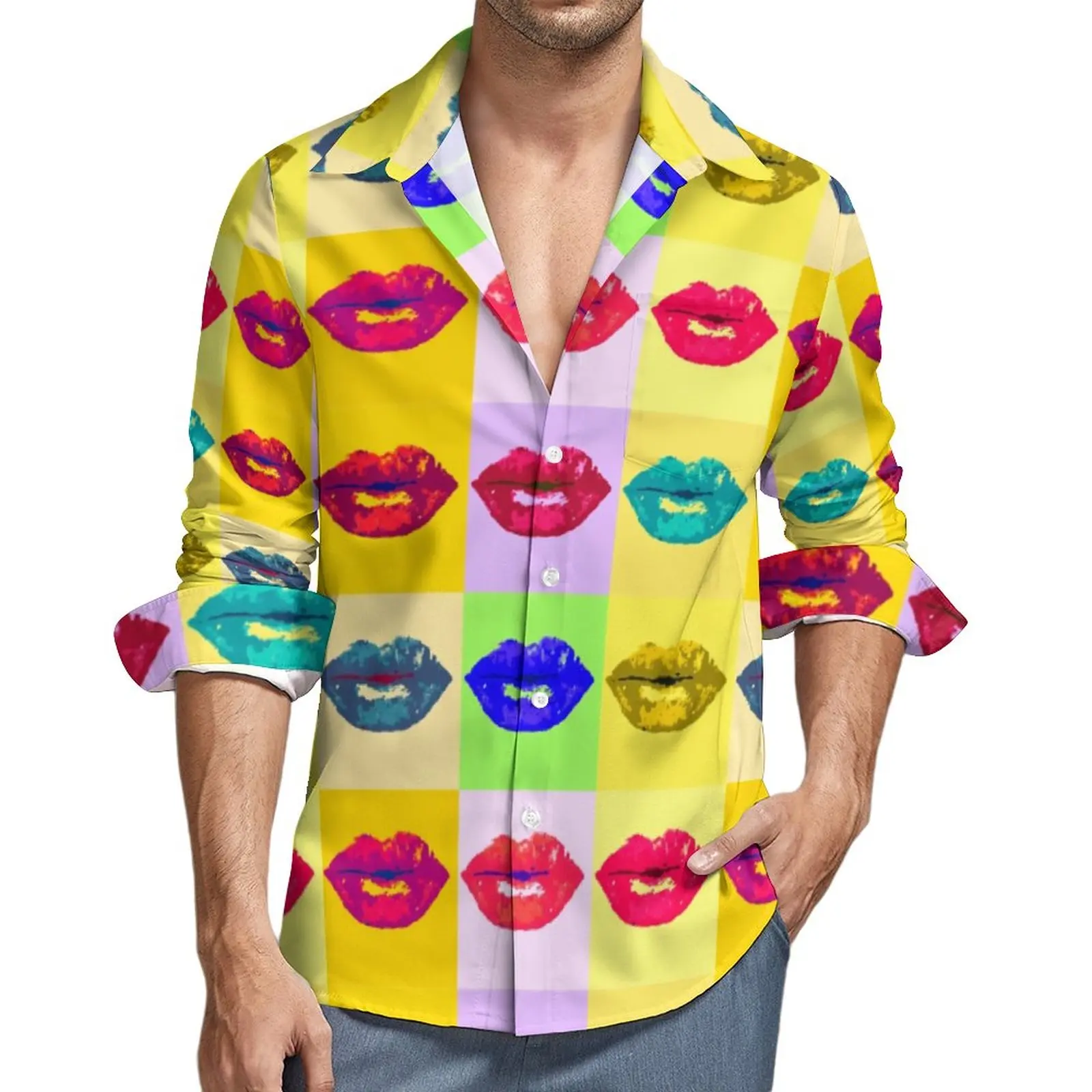 

Рубашка мужская с принтом губ и длинным рукавом, в стиле поп-Kiss