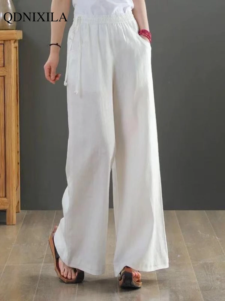 2023 Summer New Chinese Cotton Linen Women's Pants Casual Loose Straight Pants Literary Vintage Thin Silk Hemp Wide Leg Pants