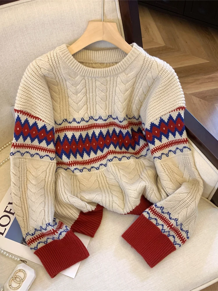 Женский рождественский красный пуловер свитер в стиле Харадзюку корейский