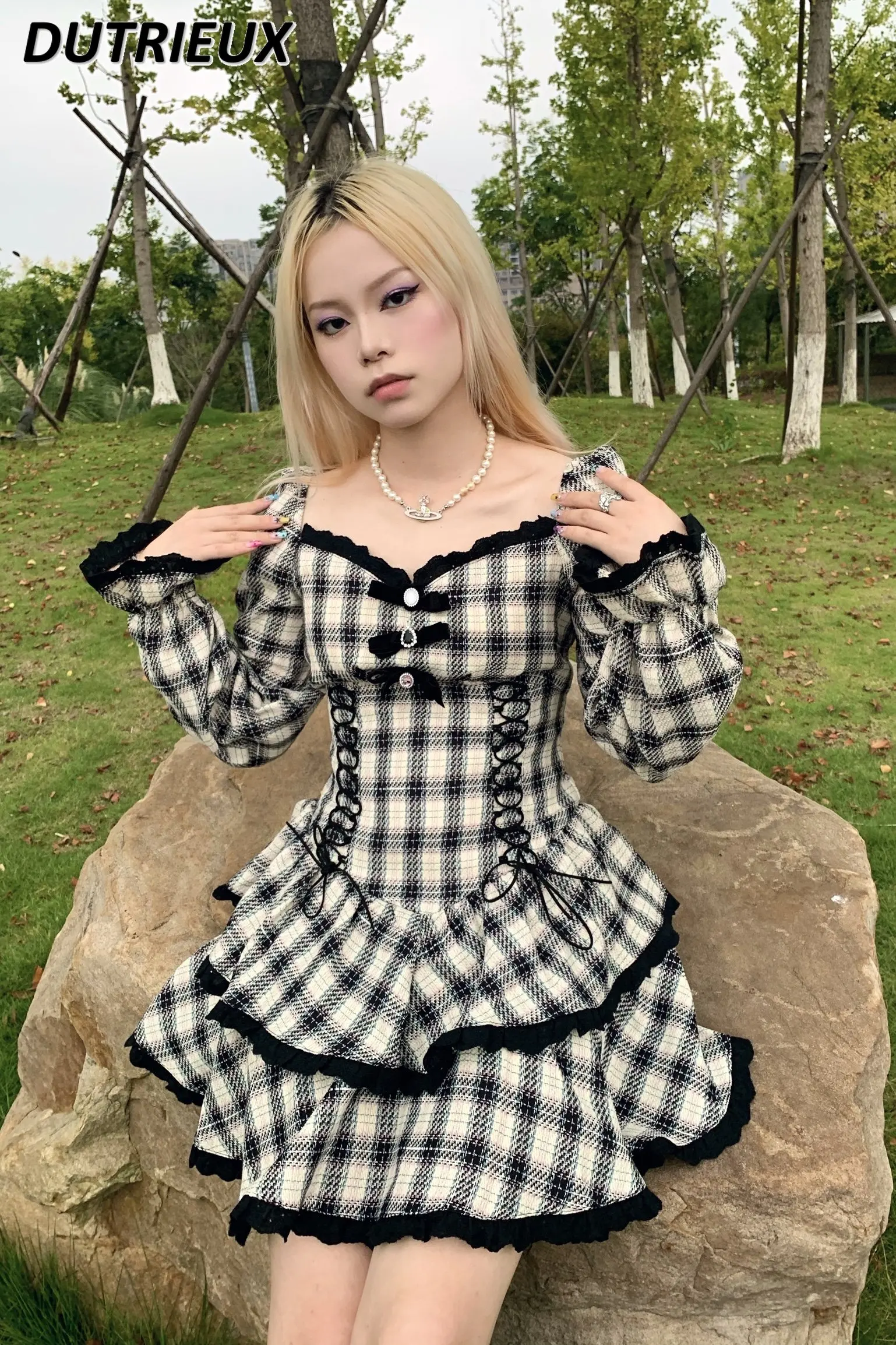 

Black White Plaid Lolita Dresses Women's Diamond Bow Bandage Square Collar Lace Up Waist-Tight Pleated Dress Spring Summer Dress