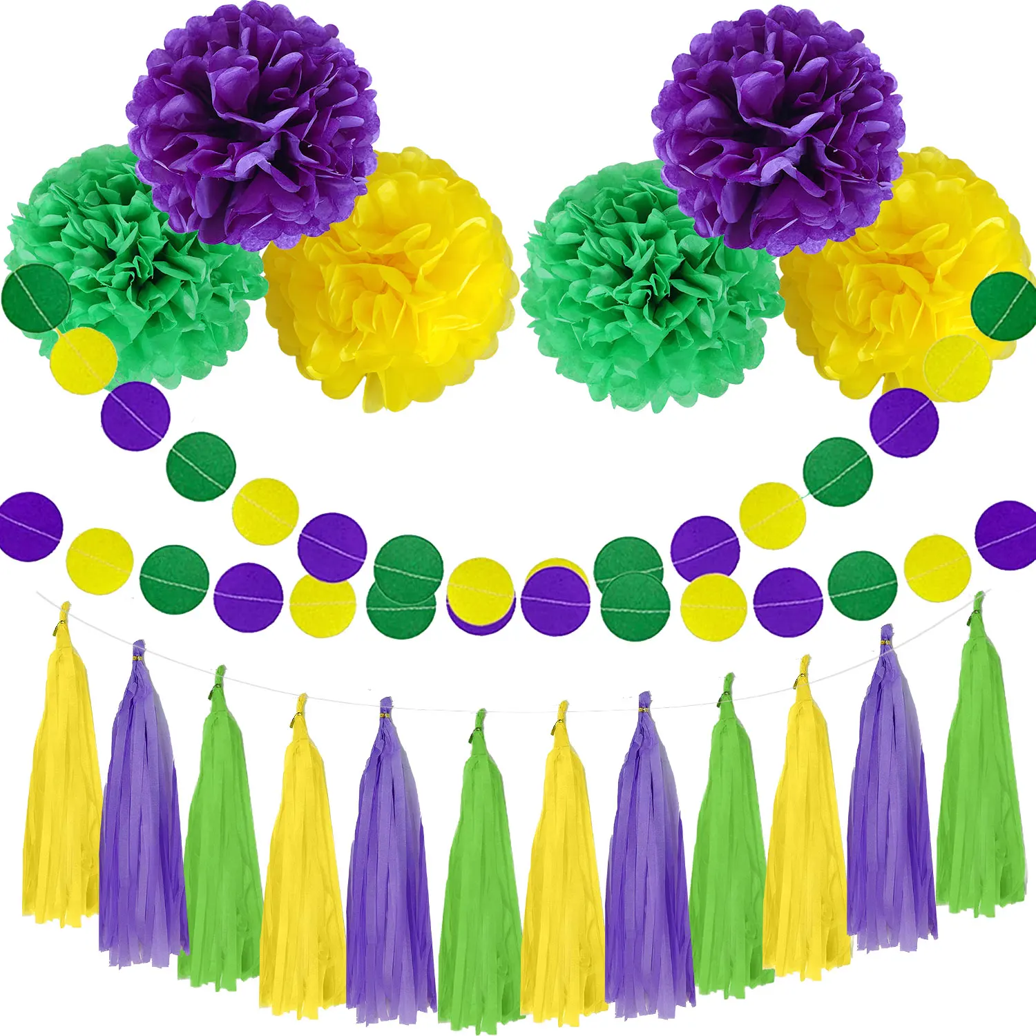 

Mardi Gras Party Decorations Purple Gold Green Circle Dots Garland Paper Pom Poms Tassel Decoration for Carnival Party Supplies