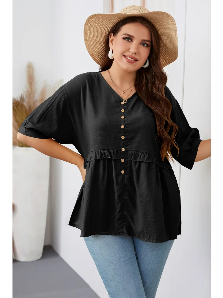 Large Women's Summer Short Sleeve V-Neck Large Shirt Top blusas plus size mujer  roupa plus size feminino