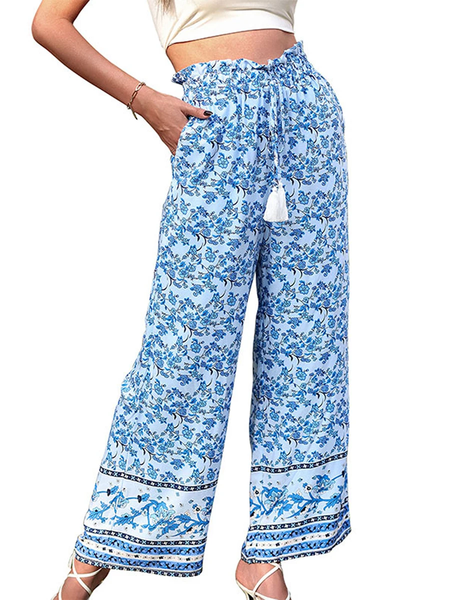 

Брюки женские с цветочным принтом, Длинные свободные прямые штаны с завышенной талией, на завязках, уличная одежда для женщин, S, M, L, XL, XXL