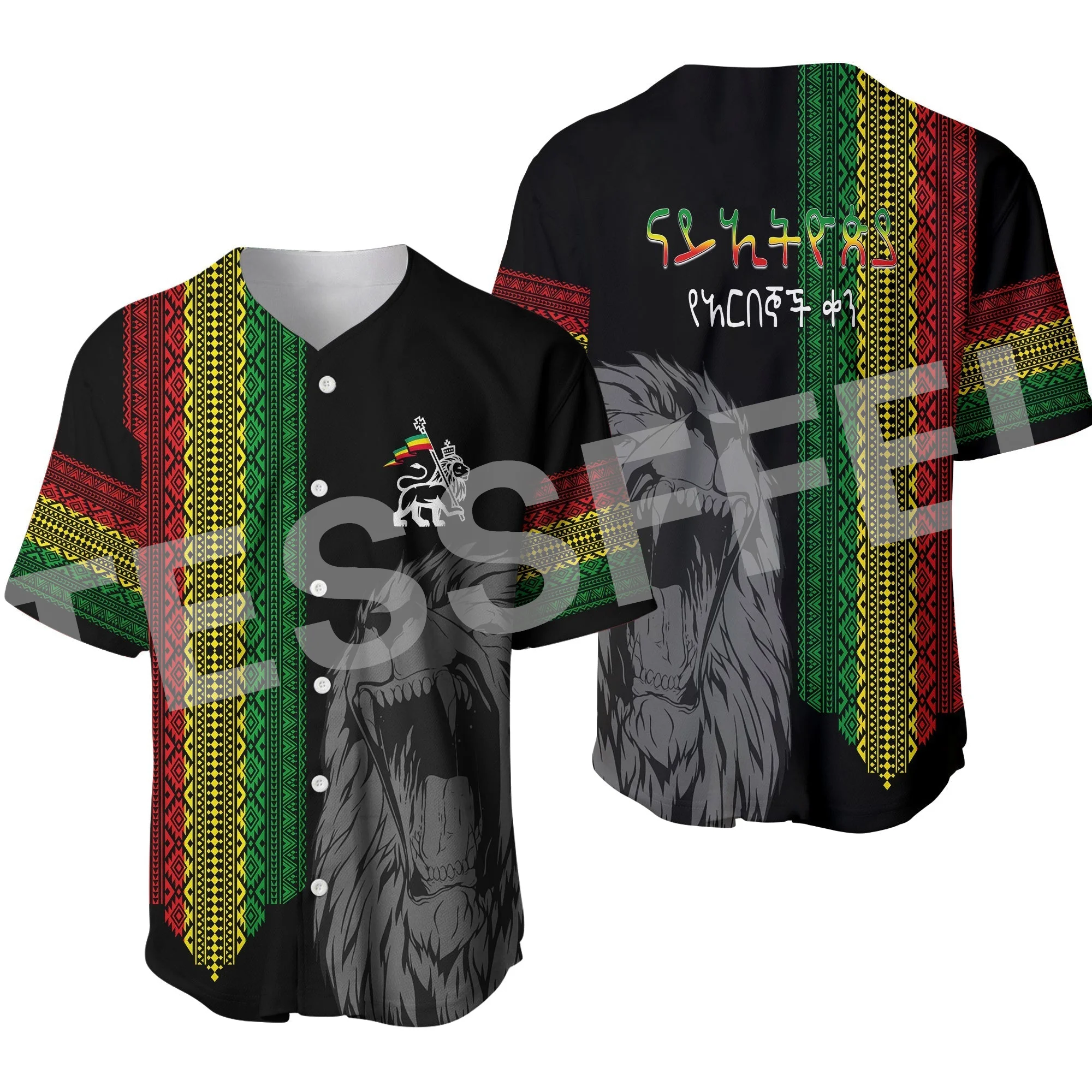 Africa County Flag Ethiopia Rasta Reggae Lion Tattoo 3DPrint Summer Harajuku Casual Funny Baseball Jersey Shirts Short Sleeves D