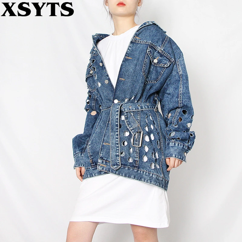 

European 2022 Streetwear Jeans Jacket Women Tops Harajuku Hollow Hole Belt Denim Coat Female Autumn Spring Jacket Women Clothes