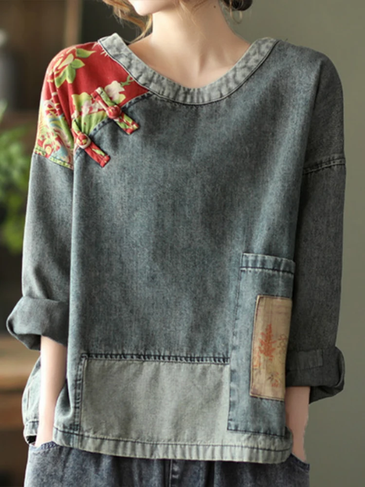 Max LuLu 2022 Fashion Style Clothes Women Vintage Patchwork Blouses Ladies Loose Denim Shirt Female Printed Casual Tops Big Size