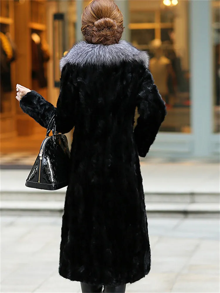 New Imitation Fur Coat Women Autumn Long Mink Fur Coat Big Fox Fur Collar Thick Warm Outer Wear Jacket Winter Clothing N1527
