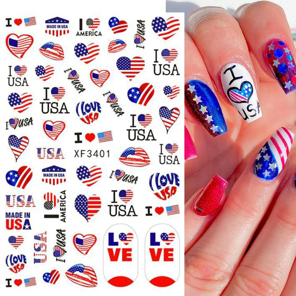 American Flag Nail Sticker 4th Of July Independence Day Design Firework Flame Sliders For Nails Manicure Accessories GLXF3401