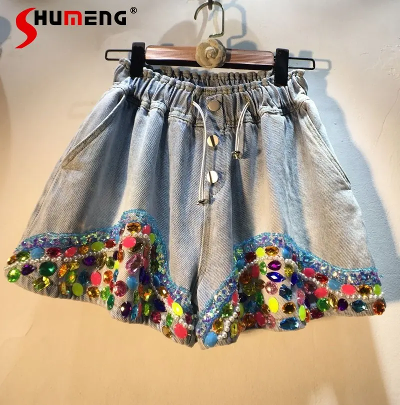 

New Ladies 2023 Summer Elegant Diamond Short Pants Women's Fashion Beaded Sequins High Waist Slimming Wide-Leg Denim Shorts