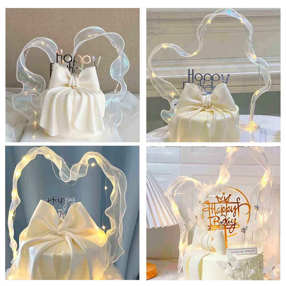 

1 PC Cake Ornaments DIY Cake Decorations White Ribbon Baking Supplies With Lamp Aesthetic Glowing Cake Decoration