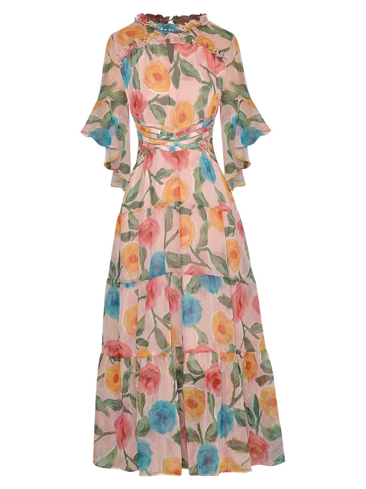 

HIGH QUALITY Newest Fashion 2022 Designer Women's Round Neck Lotus Leaf Short Sleeve Printed Dress