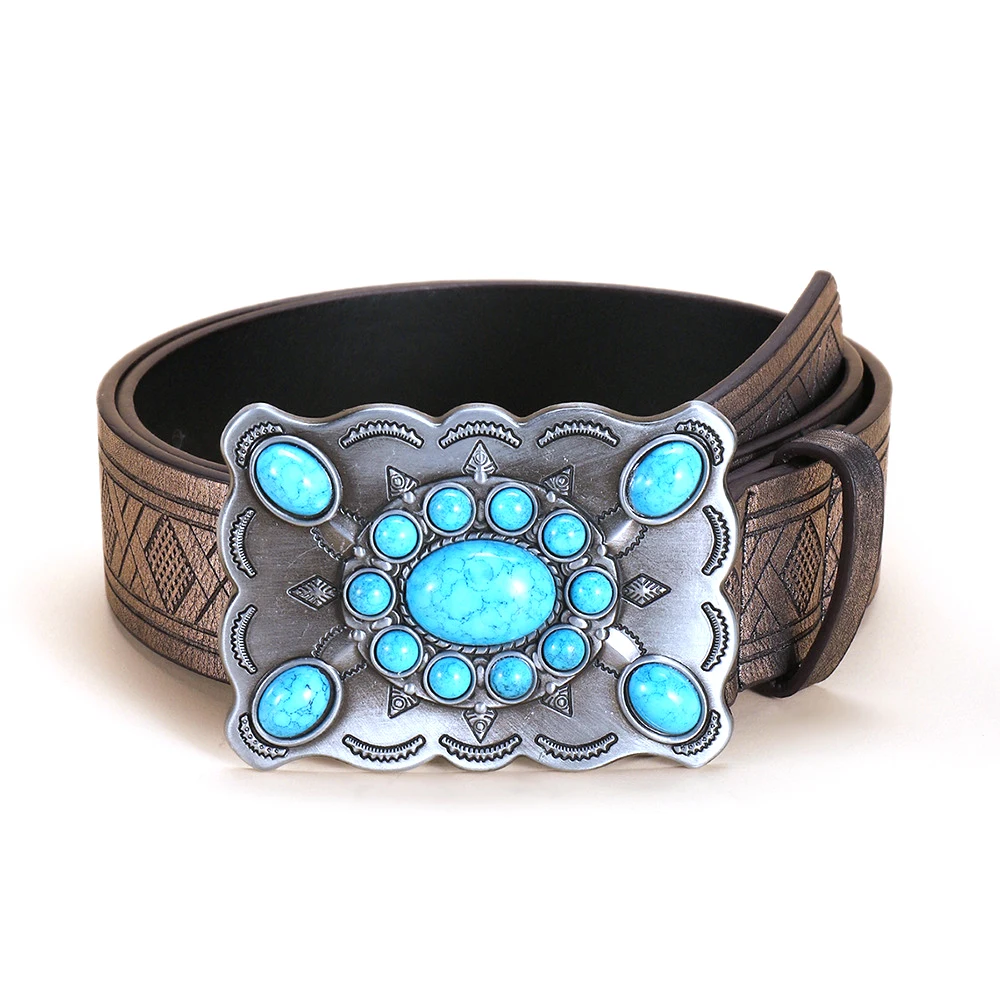 Fashion Geometric Embossed Buckle with Turquoises Cowboy Belt for Men