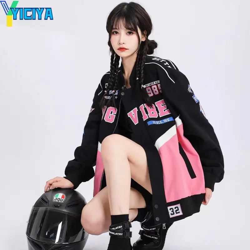 

Женская куртка-бомбер YICIYA, розовая бейсбольная куртка с длинным рукавом, винтажная куртка-бомбер для гонок, зима 2022
