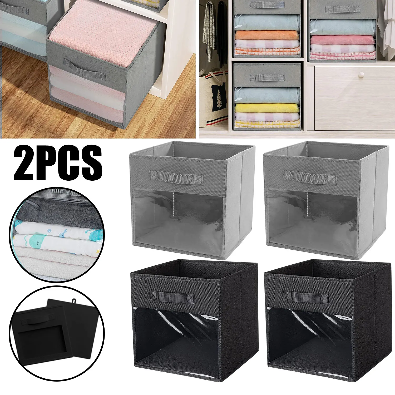 

Foldable Storage Cubes Set of 2 Non-woven Fabric Clothes Organizer with Handles Collapsible Storage Bins Clear Front Window