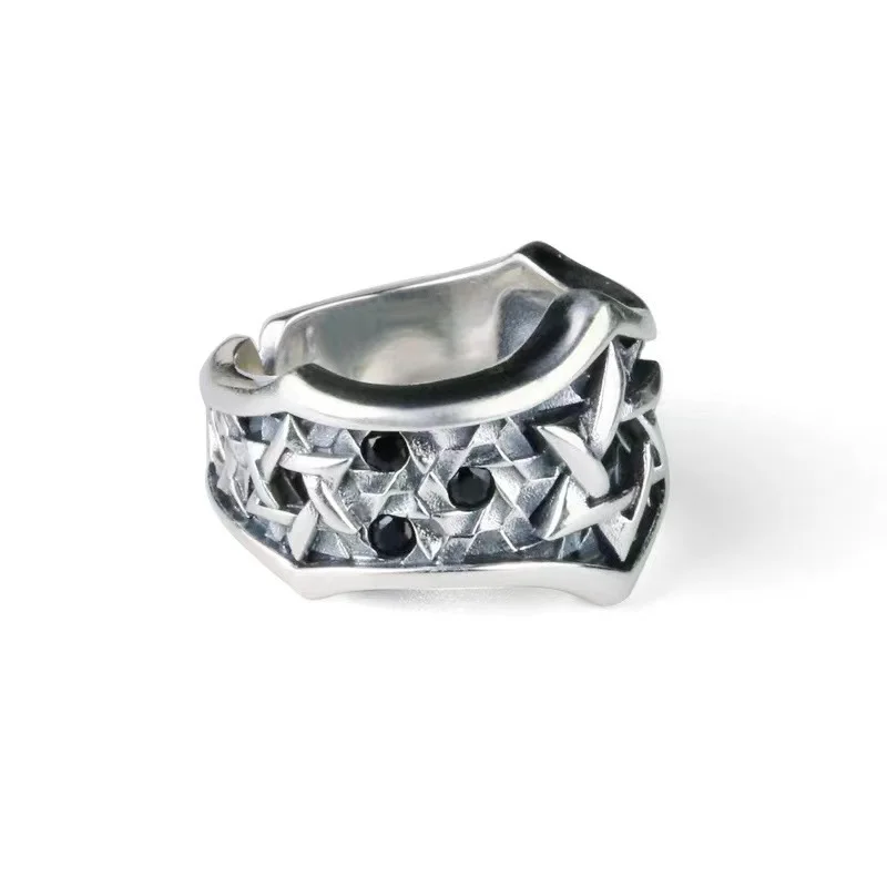 Six Star Inlaid Ring for Men's Silver Jewelry Hip Hop Trend Thai Silver Middle Finger Ring Geometric Trendy Retro