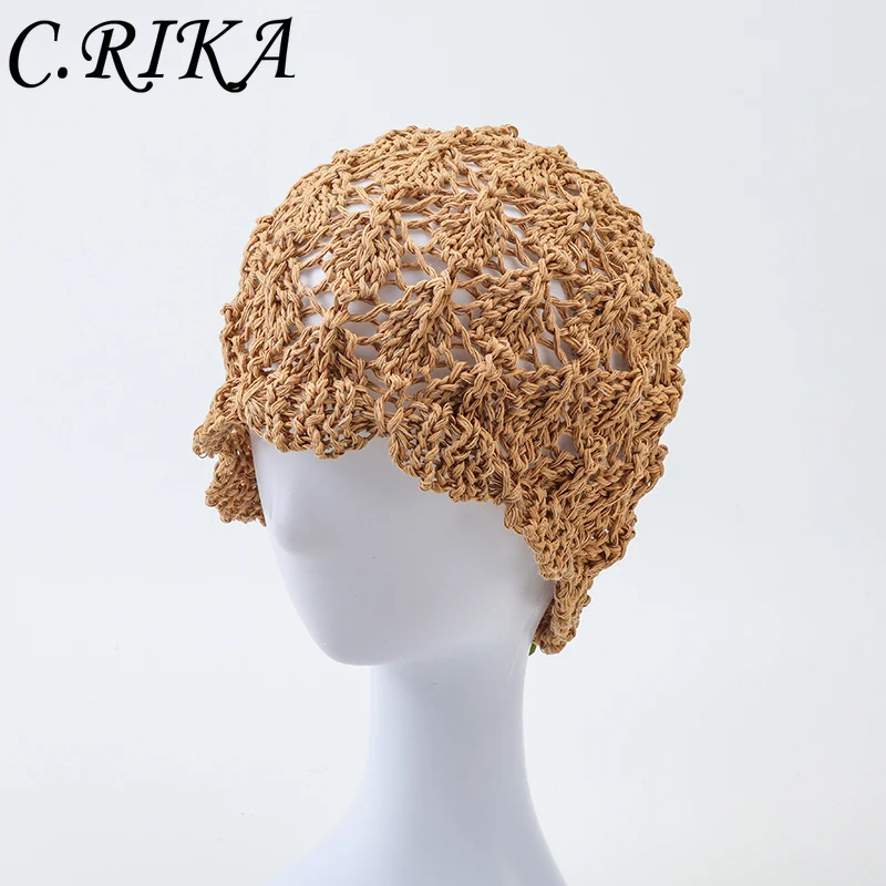 

Women Vintage Crochet Beanie Hat Ladies Summer Breathable Foldable Bucket Hat Female Retro Knitted Sun Hats Designer Panama