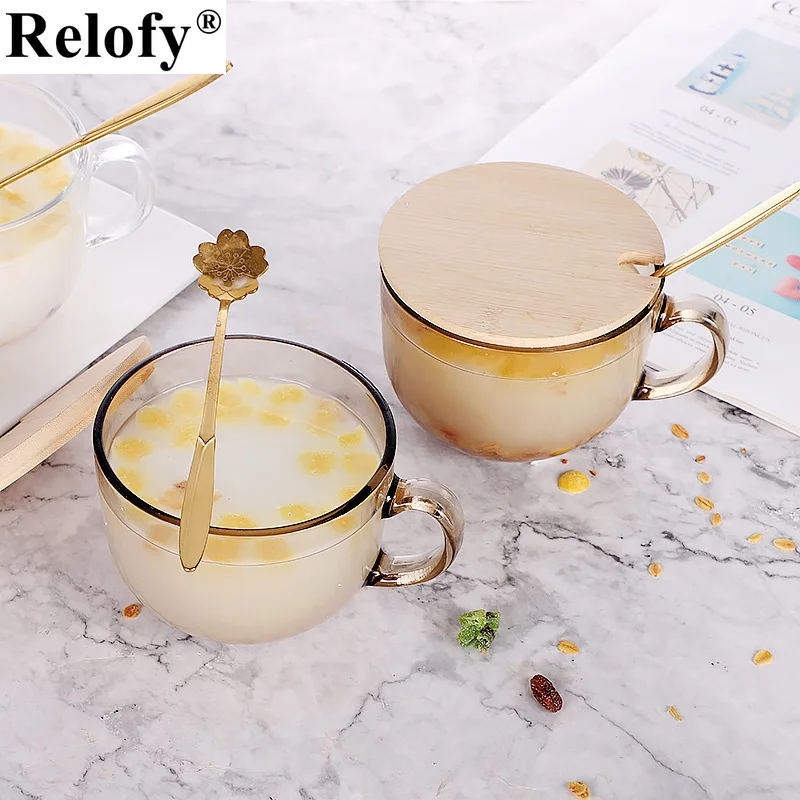 

480ml Creative Glass Breakfast Milk Mugs with Spoon and Handgrip Tawny Oat Cup Family Juice Tea Cup Beverage Utensil Drinkware