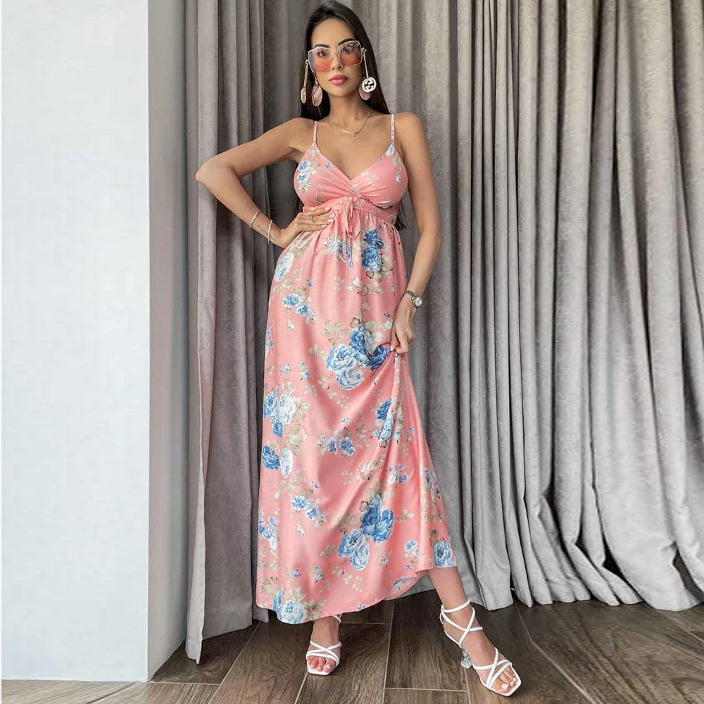 

Summer Slip Maxi Dress Women 2022 Fashion Sexy Pink Floral Print Sleeveless Off Shoulder Strap Long Dresses Elegant Vestidos