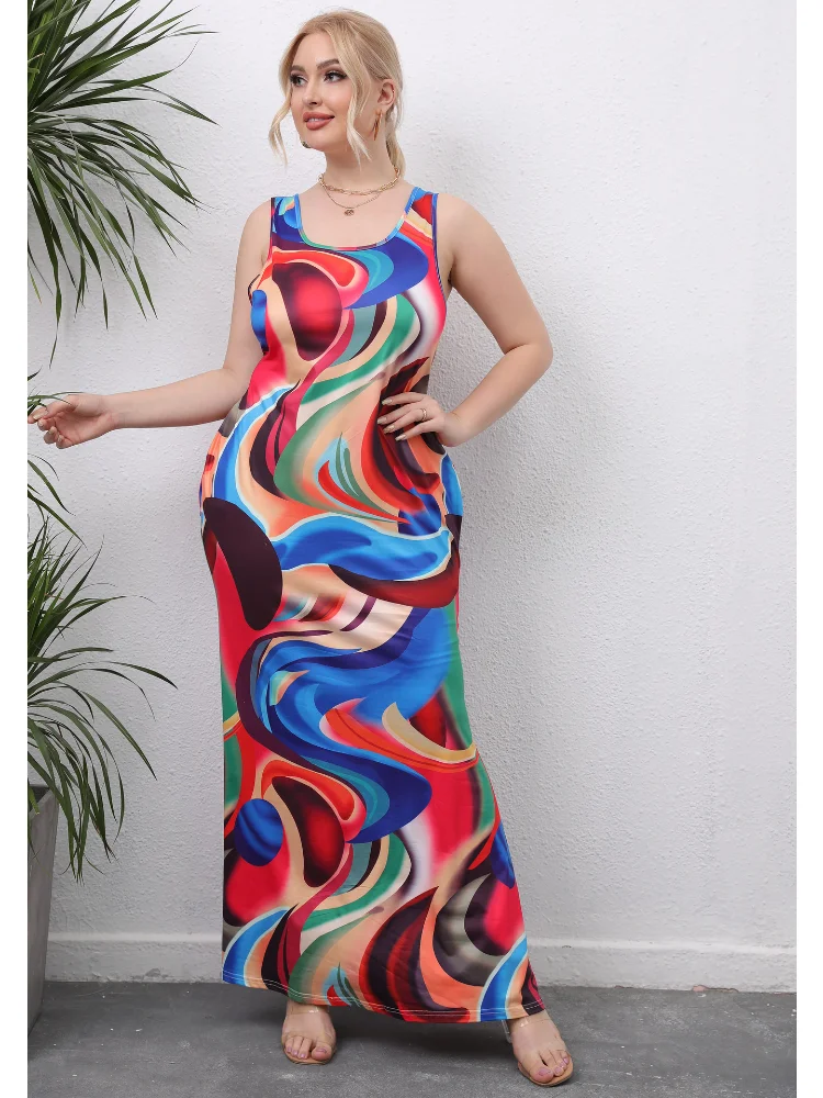 Women's Irregular Mixed Color Printing Long Tank Top Dress Casual Dress plus size dresses party dress