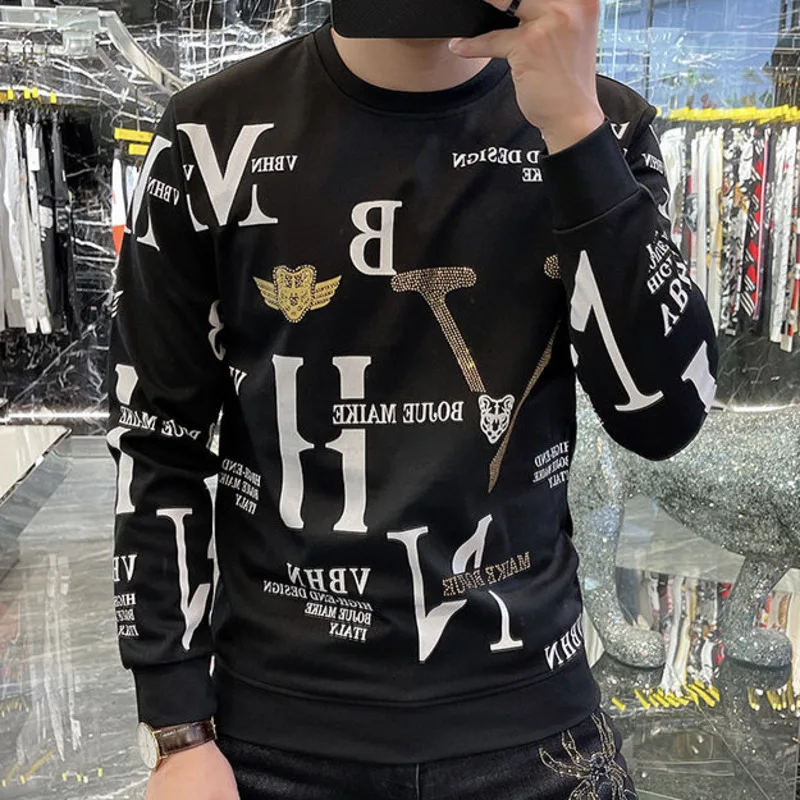 

Alphabet Print Rhinestones Fashion Print Sweatshirt Men Streetwear Sweatshirt 2022 Fall Poleron Hombre Hot Drill Men Clothing