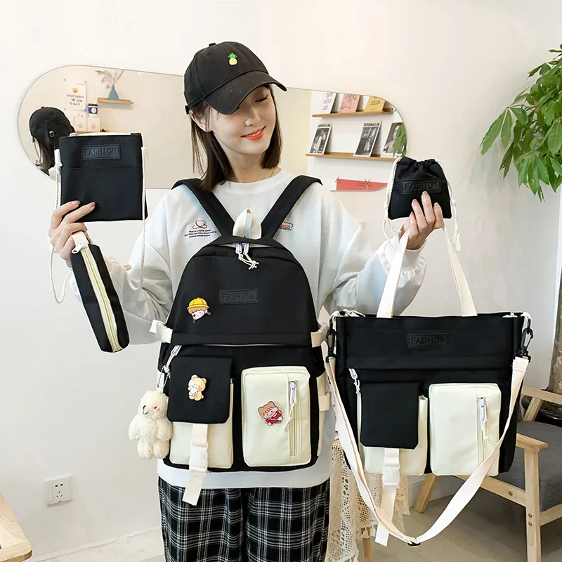 

Рюкзак для студентов, рюкзак из пяти предметов в корейской версии, Холщовый Рюкзак контрастных цветов для студентов младшей и старшей школы