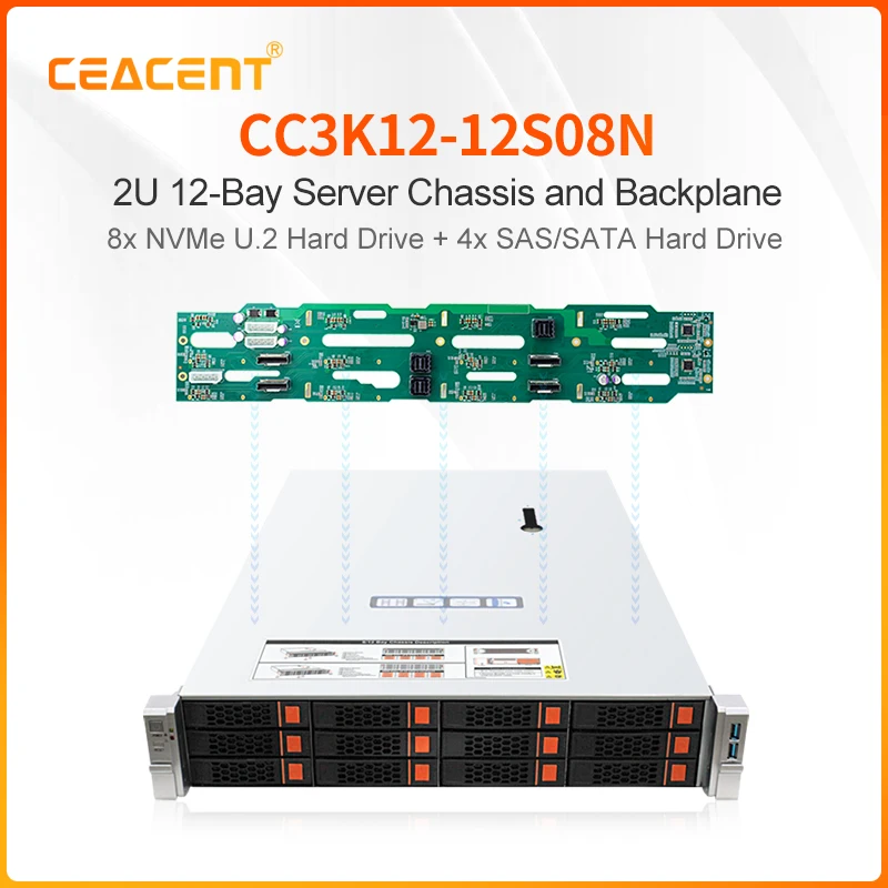 

CEACENT CC3K12-12S08N 2U 12 Bay стойка сервер шасси с 12-Bay SGPIO CPLD осветительный дизайн 8x NVMe SSD SlimSAS Backplane