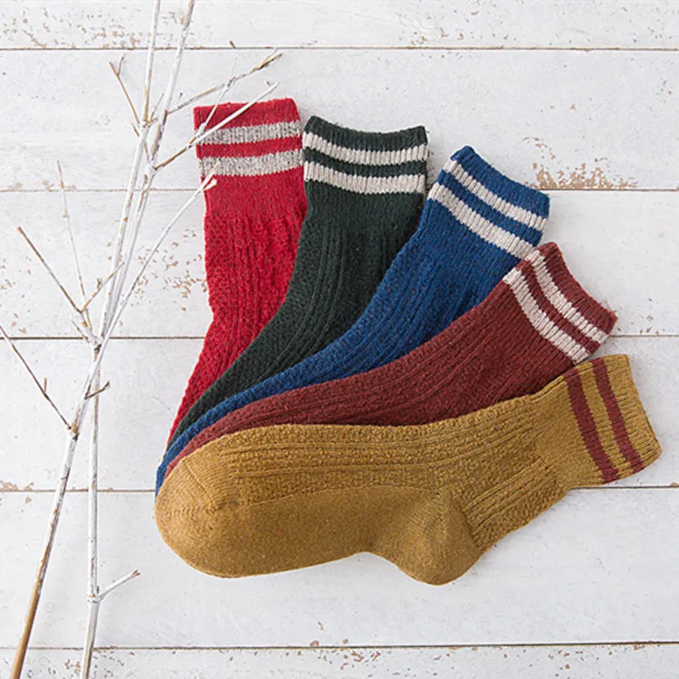 

5pairs/Women's Mid-Calf Wool Socks with Vintage Double Stripe Design, Perfect for Winter Socks Women's