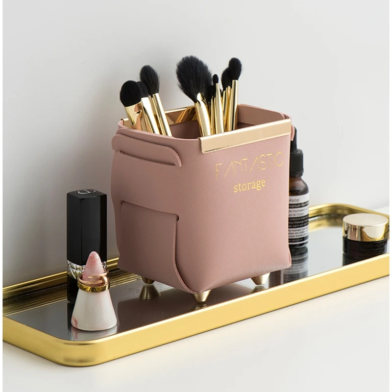 

Modern Luxurious Leather Household Storage Box Brush Pot Cosmetic Applicator Staff PU Pen Container For Console Table Desk