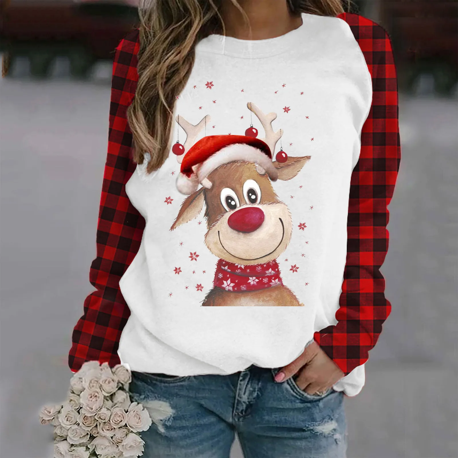 

Женская быстросохнущая одежда с рождественским принтом, свитшот с длинным рукавом, пуловер, рубашки, женский топ с V-образным вырезом