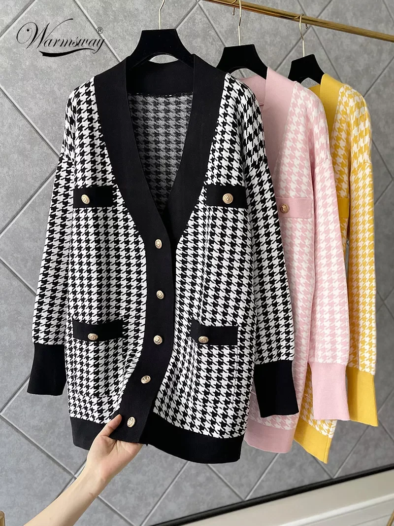 

Casual Long Knitted Pink Cardigan Female Autumn Winter Drop Shoulder Sweater Coat Basic Button Women's Houndstooth Tops C-30