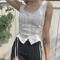 summer 2021 new pure white sleeveless vest style lace up round neck lace drawstring y2k top with a t shirt inside and a bottom