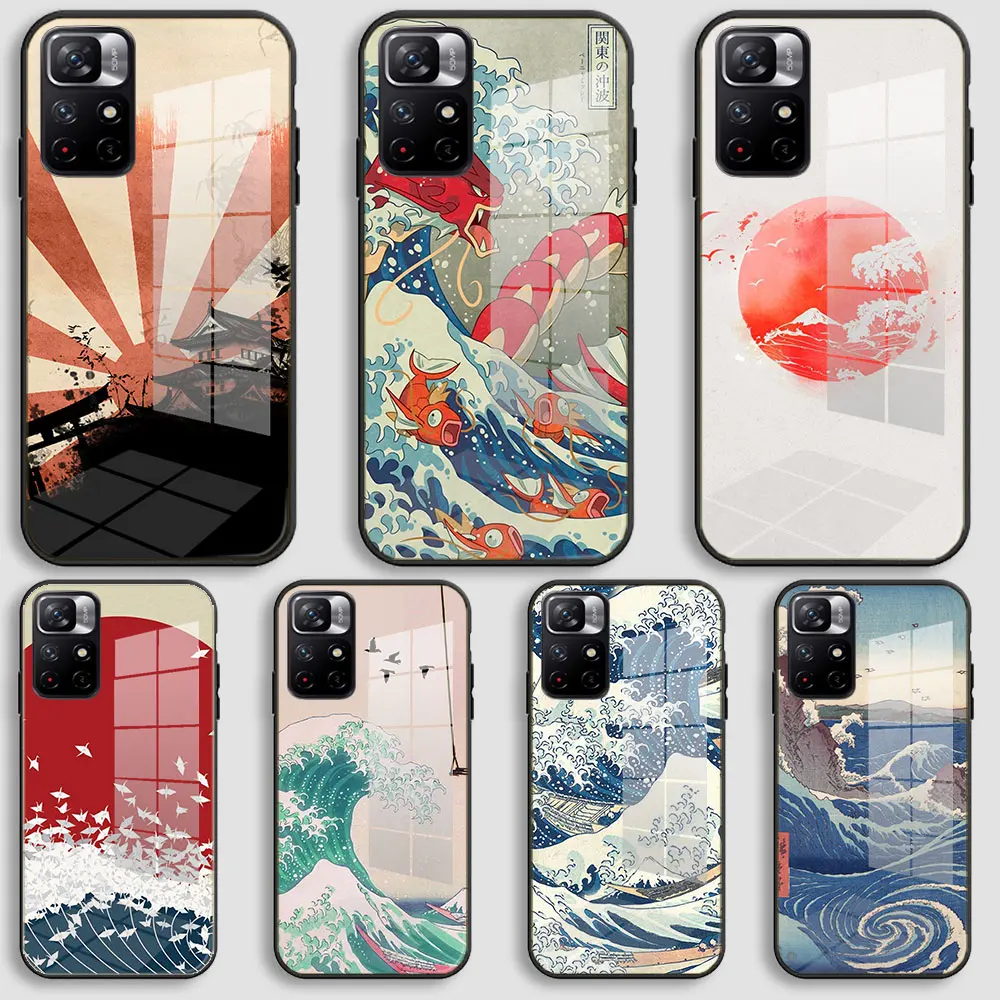 Черный мягкий стеклянный чехол для Xiaomi Redmi 10, 9, 8, 7, 9a, 8a, 7a, силиконовый чехол, волнистый искусство, японский зеленый Illust Classic