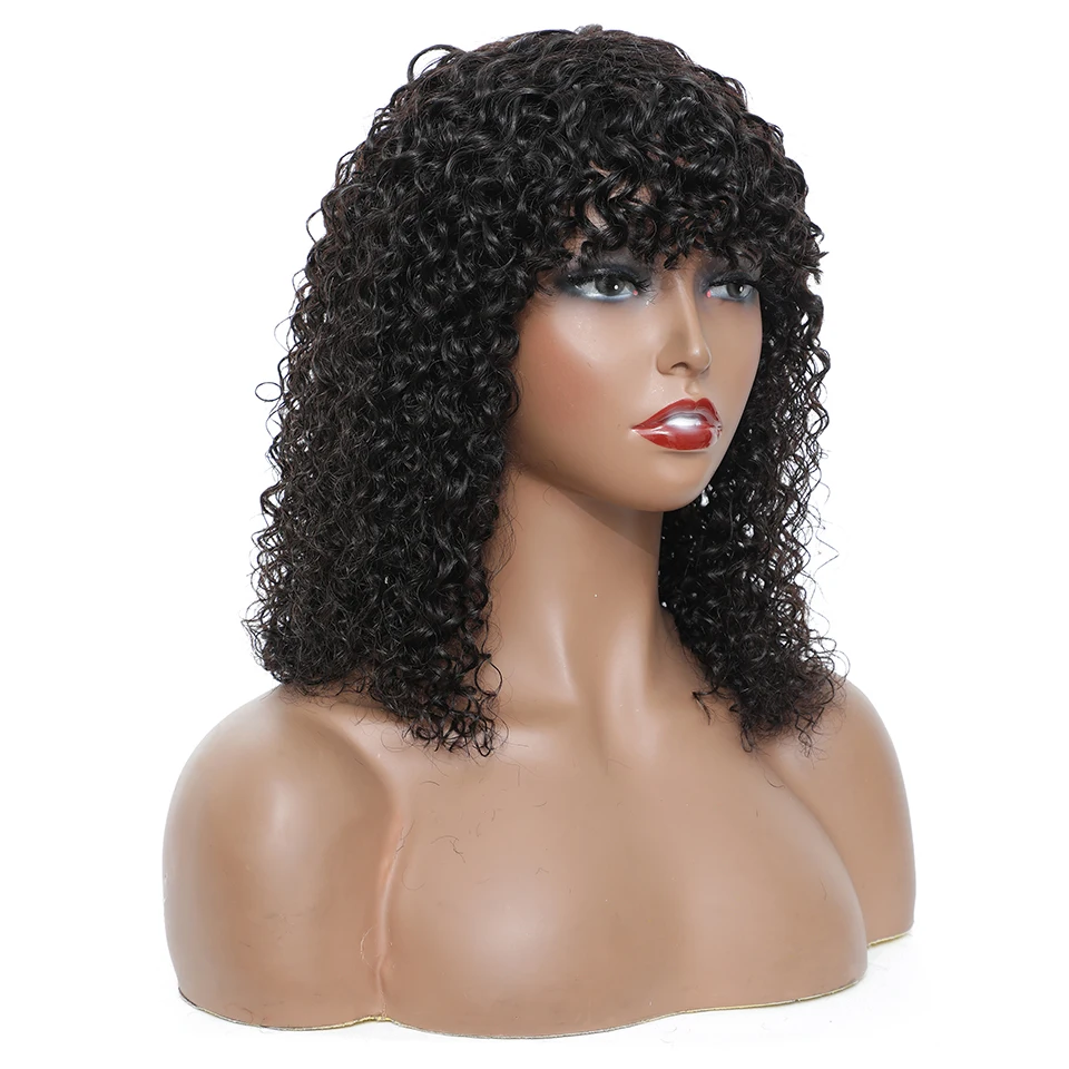 

BAHW Kinky Curly Human Hair Wig with Bangs Glueless Full Machine Made Brazilian Short Bob Curly Wig for Women Remy Fringe Hair