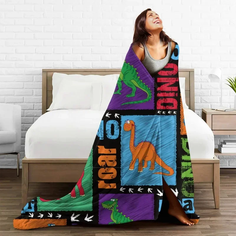 

Cartoon Funny Dinosaur Plaid Flannel Summer Multi-Function Soft Throw Blanket For Sofa Outdoor Rug Piece