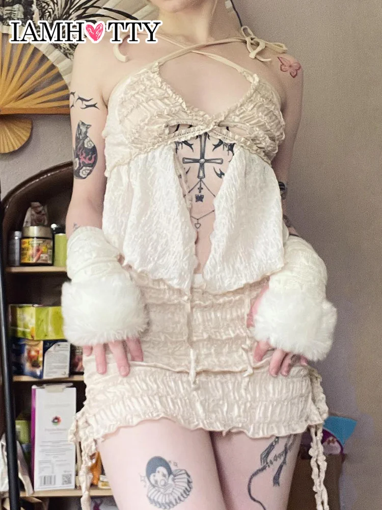 

IAMHOTTY Folds Lace Camis Split Hollow Out Sexy Corset Top Women Beige Sleeveless Tops Fairycore Grunge Crop Tops Sweet Y2K Vest