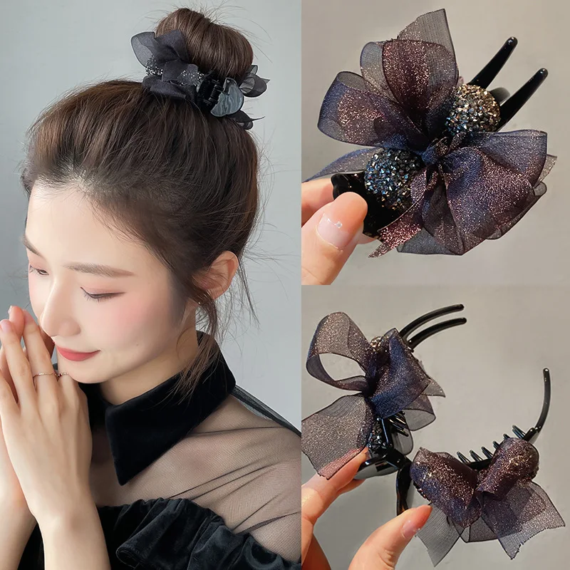 

Elegant Rhinestone Bow Hairpin Back Head Hair Claws Korean Simple Girly Classy High Ponytail Women Headdress