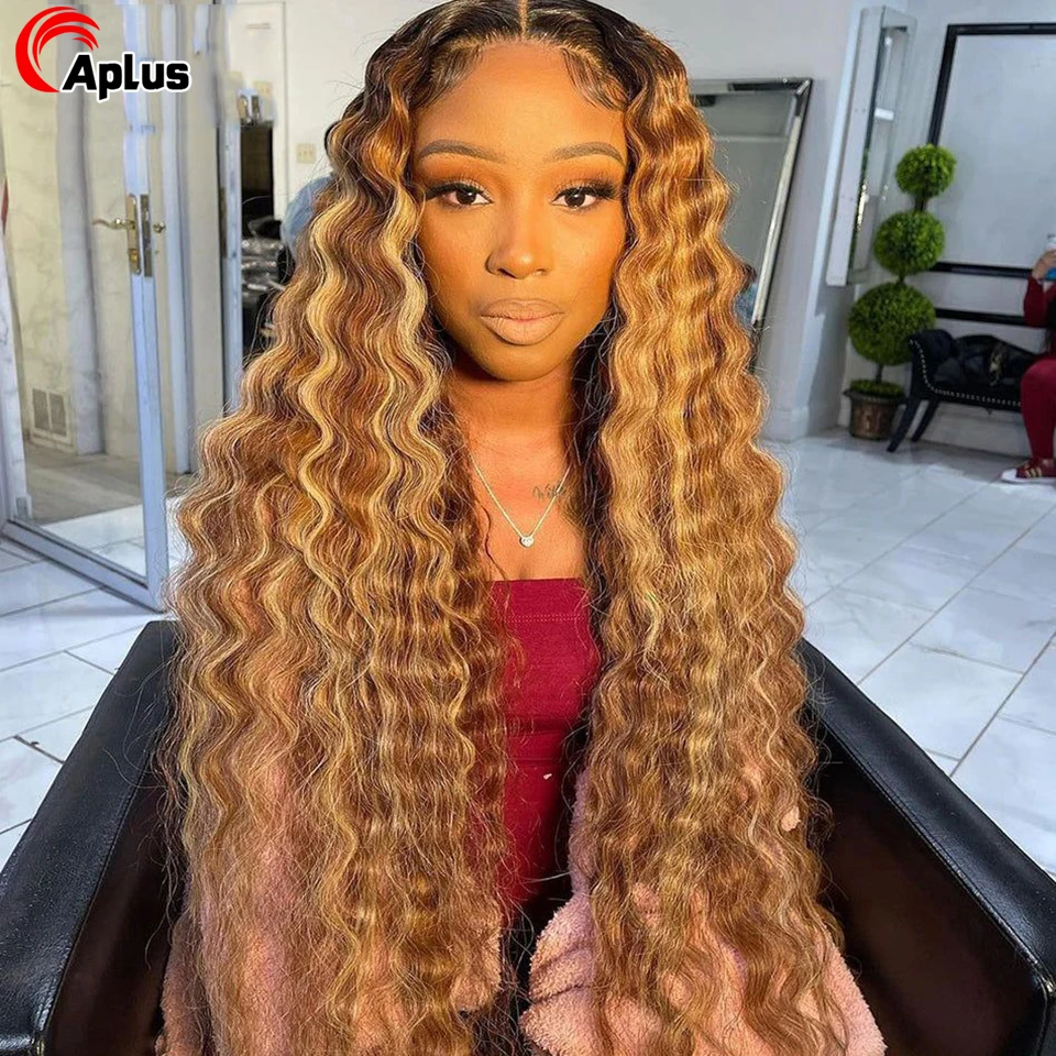 Highlight Ombre 13x4 Lace Front Human Hair Wigs For Women Colored Curly Human Hair Wigs Honey Blonde Deep Wave Frontal Wig