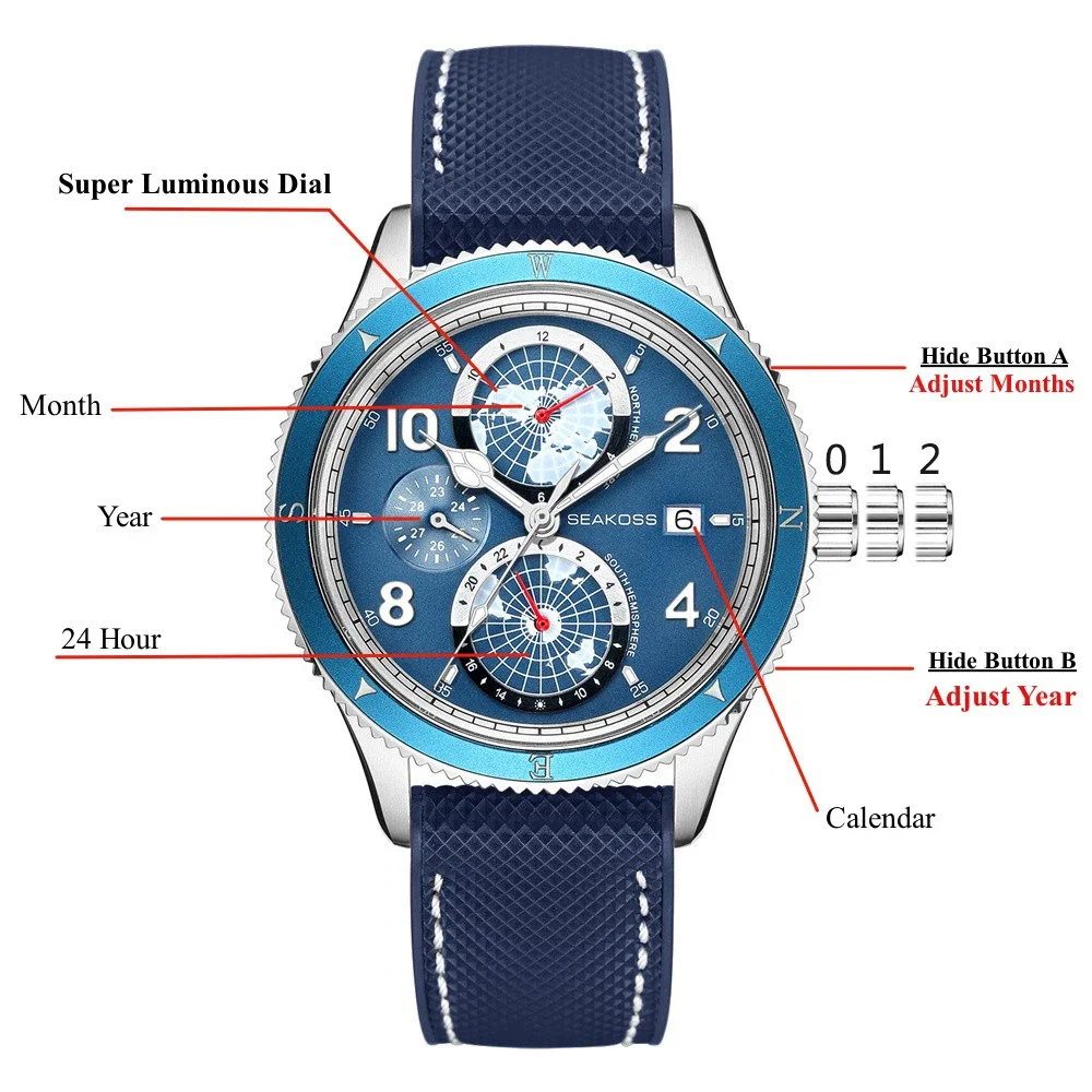 SEAKOSS Sud Nord Hemispheres полностью автоматические механические часы год месяц 24-часовой