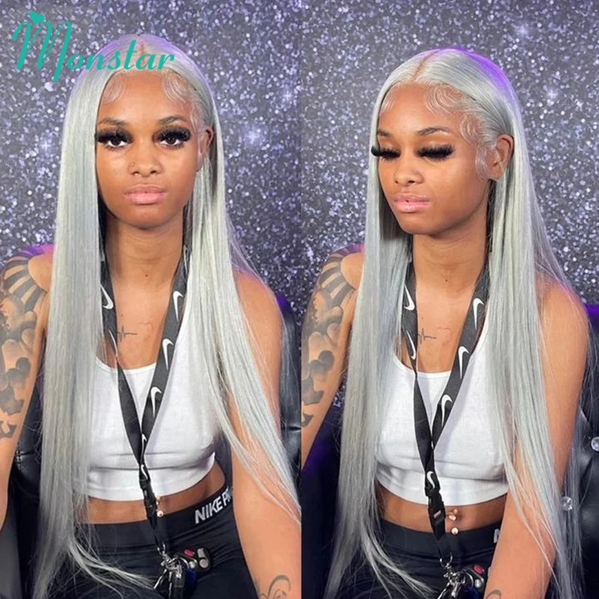Серые парики фронта шнурка Человеческие волосы Серебристый прямой парик