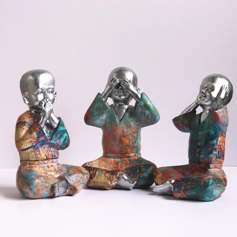 

3 шт./компл. 21 см роспись из смолы три без монахов скульптурные украшения монахи цветные красочные украшения для дома не смотрите