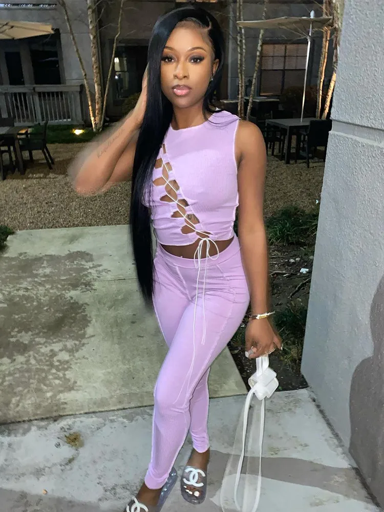 

Purple Elastic Hight Two Piece Matching Set Women Sexy Lace Up Hollow Sleeveless Tank Top and Skinny Legging Co-ord Club Outfit