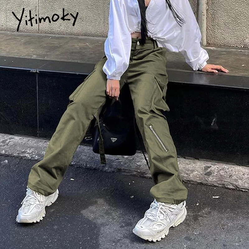 

Yitimoky Fashion High Waist Fake Zippers Pockets Trousers Street Style Hip Hop Multi Pocket Loose Women Cargo Pants Summer 2022